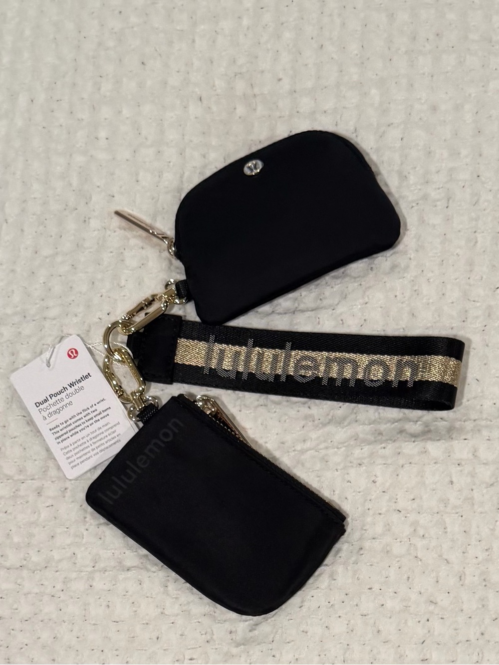 lululemon athletica Black Dual Pouch Wristlet with Gold Logo Strap